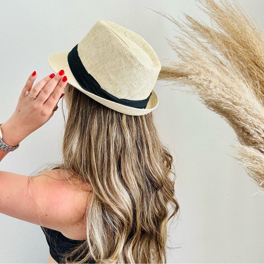 VINTAGE NORDSTROM Cream Tan Straw Wide Visor Brim Black Ribbon Fedora Sun Hat - Picture 3 of 8